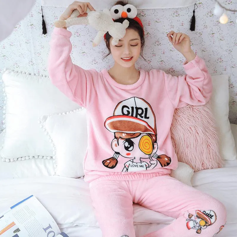 2020 Winter Pajama Women Korean Sleepwear Cute Cartoon Flannel Pajamas Set  Velvet Warm Pijama Round Neck Pyjama Homewear Women From Toyhouse2020,  $9.05