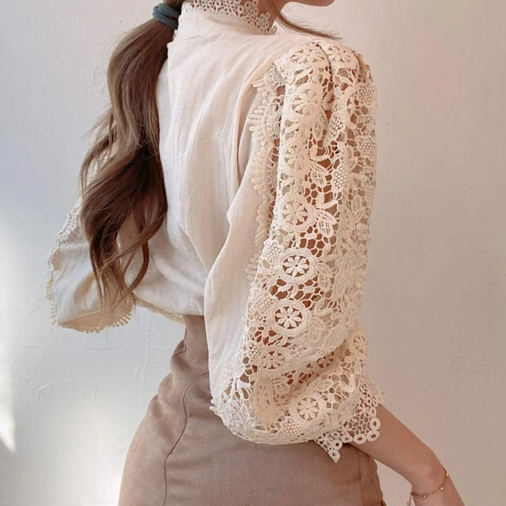 トップス eaphi cotton lace patchwork blouse Women Embroidery Blouse Autumn Hollow Out Lace Patchwork