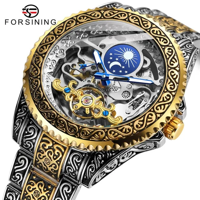 2022 New Forsining Men Turbillon Automatic Mechaincal WristWatch Moon Phase Stainless Steel Strap Wa