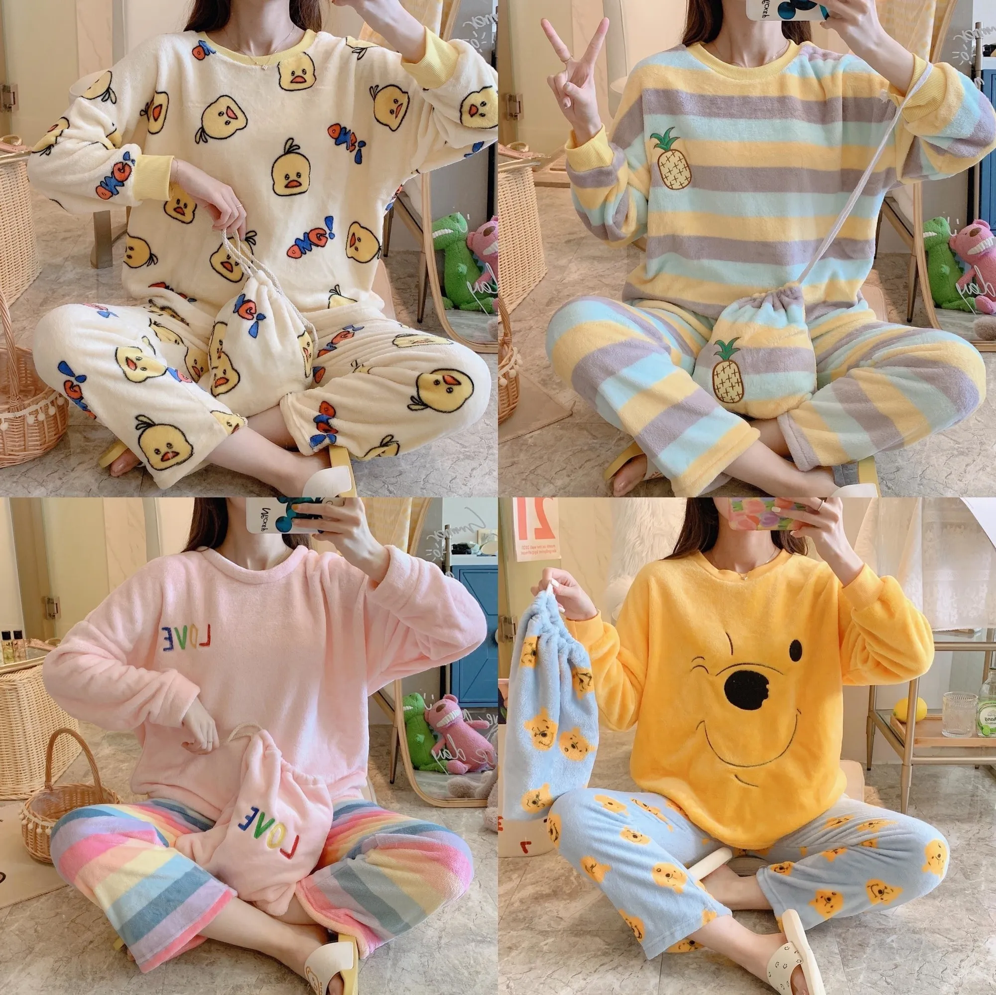 Ladies winter new warm casual pajamas flannel soft home service cute cartoon round neck suit can be 