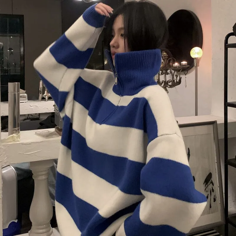 Cute girl O-neck striped sweater pullover cotton 2021 fall fashion ladies Klein blue loose knit swea