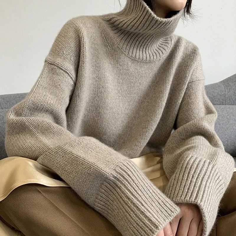 2022 Autumn And Winter New Thick Cashmere Sweater Women High Neck Pullover Sweater Warm Loose Knitte