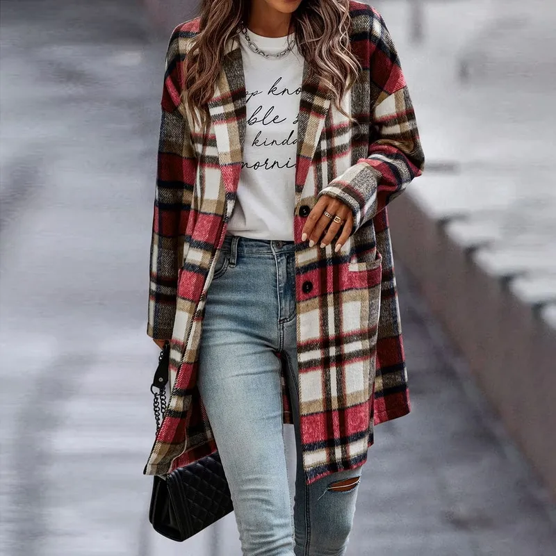 2022New Women's Fashion Long Plaid Coat Autumn Shirt Coat Woolen Coat Streetwear Women Clothing Loos