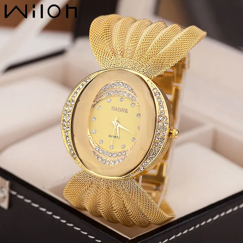 Mesh Band Women Watch Fashion Oval Gold Bracelet Alloy Quartz Watch Dress Rhinestone Women's Wristwa