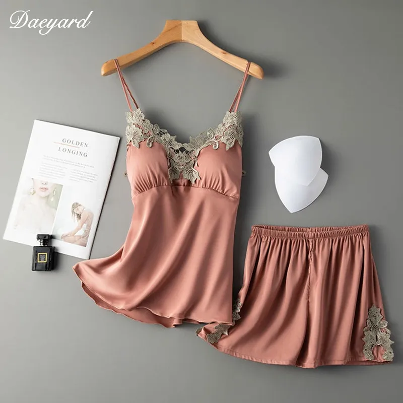 Daeyard New Sexy 2 Pieces Women Pajamas Sets Sling Silk Nightwear Summer Elegant Lace Pajamas Shorts