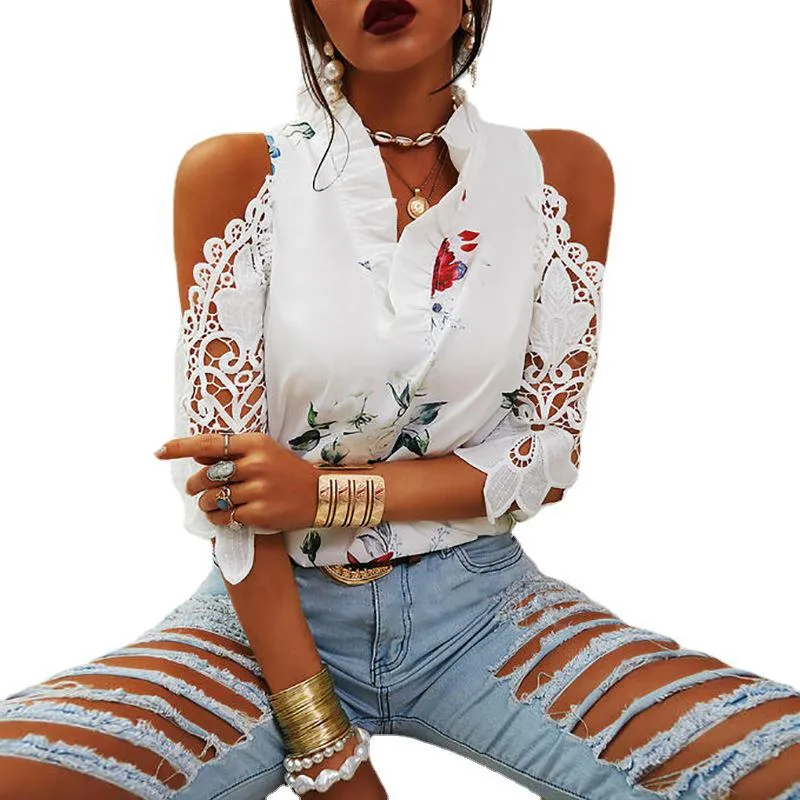 Sexy Off Shoulder Print Shirt Tops Women 2021 Summer Casual ruffles Hollow Out Shirts Top Femme Fall