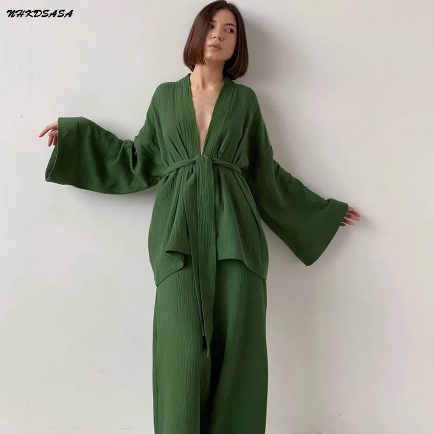 NHKDSASA Kimono Pajamas 2021 New 100% Cotton Crepe Long-Sleeved Trousers Ladies Sleepwear Suit Women