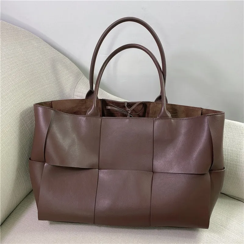 New Female Hand-woven Genuine Cowhide Top Quliaty Big Tote Women Real Leather Simple Wild Large Capa