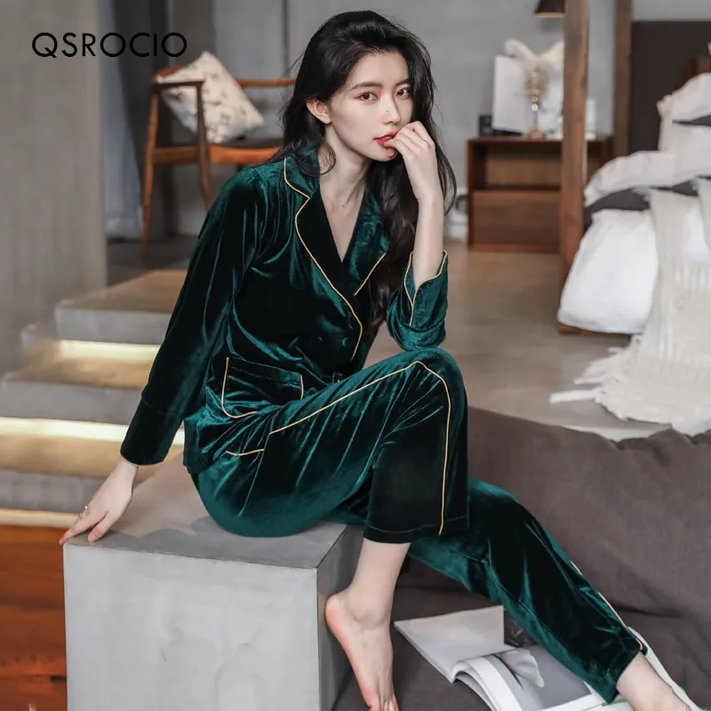 QSROCIO High Quality Women's Pajamas Set Golden Velvet Sleepwear Luxury Style Homewear V Neck Nightw