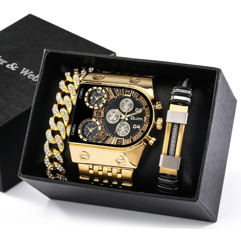 Top Brand Luxury Men Quartz Watch and Bracelet Set Business Gold Stainless Steel Big Dial Wristwatch