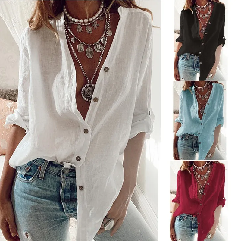 S-5XL Oversized Autumn Cotton Linen Shirt Fashion Button Up Women Shirts White Casual Loose Tops Sol