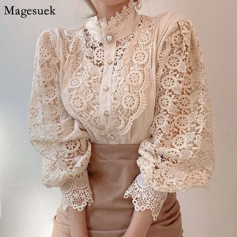 Vintage Solid White Lace Blouse Shirts Women New Korean Button Loose Shirt Tops Female Hollow Casual