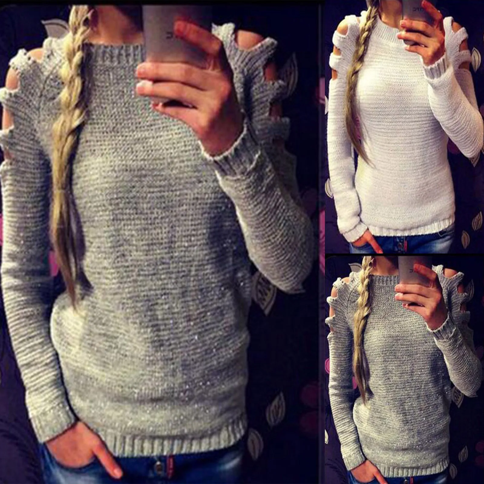 Solid Shirt Women's Neck Top Casual Loose Color Sexy Knit Round Top Sweater| |   - AliExpress