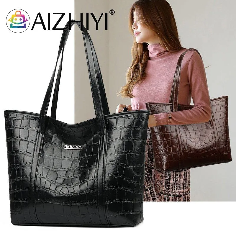 Vintage Women Pure Color Stone Pattern Shoulder Shopping Bags Casual Ladies Large Capacity Tote Hand