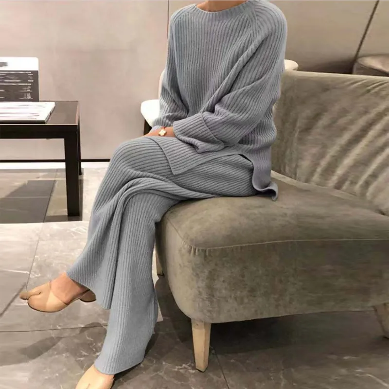 Lady Home Suit Autumn Fashion Soft Casual O-Neck Pullover Tops+Knitted Pant New Homewear Pajama Wint