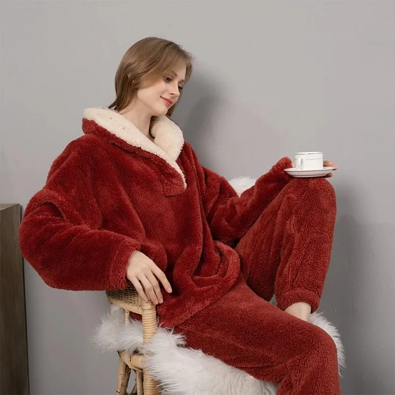 New Pajama Sets Women's Solid Long Sleeve Winter Woman Fluffy Pijama Suit with Pants Thick Warm Flee