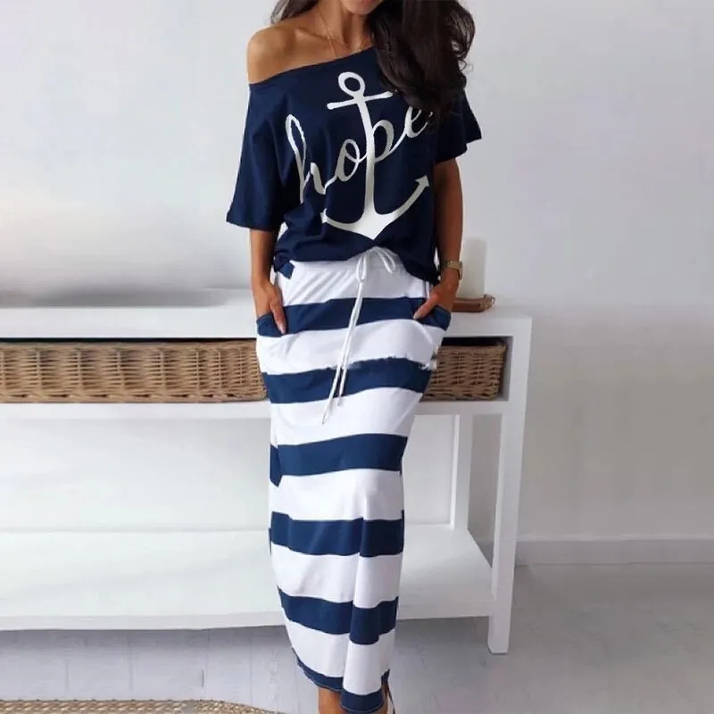 Summer Boat Anchor Top Print Stripe Dress Short Sleeve Off Shoulder Beach Skirts And Top Casual Loos