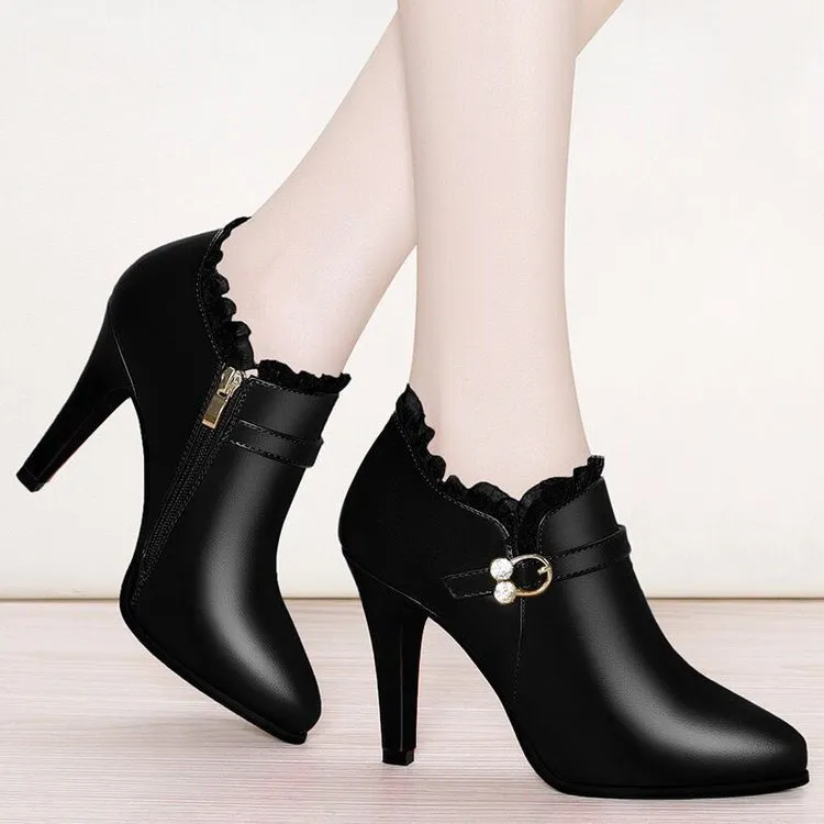 Winter Autumn High Heels Ankle Boots Women Dress Shoes Lace Pointed Toe Botas Classic Rhinestone Boo