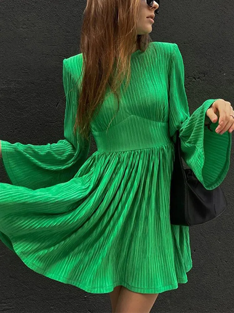 Summer Pleated Flare Sleeve Women's Mini Dress Green O Neck Long Sleeve Party Dress Female 2022 Ladi