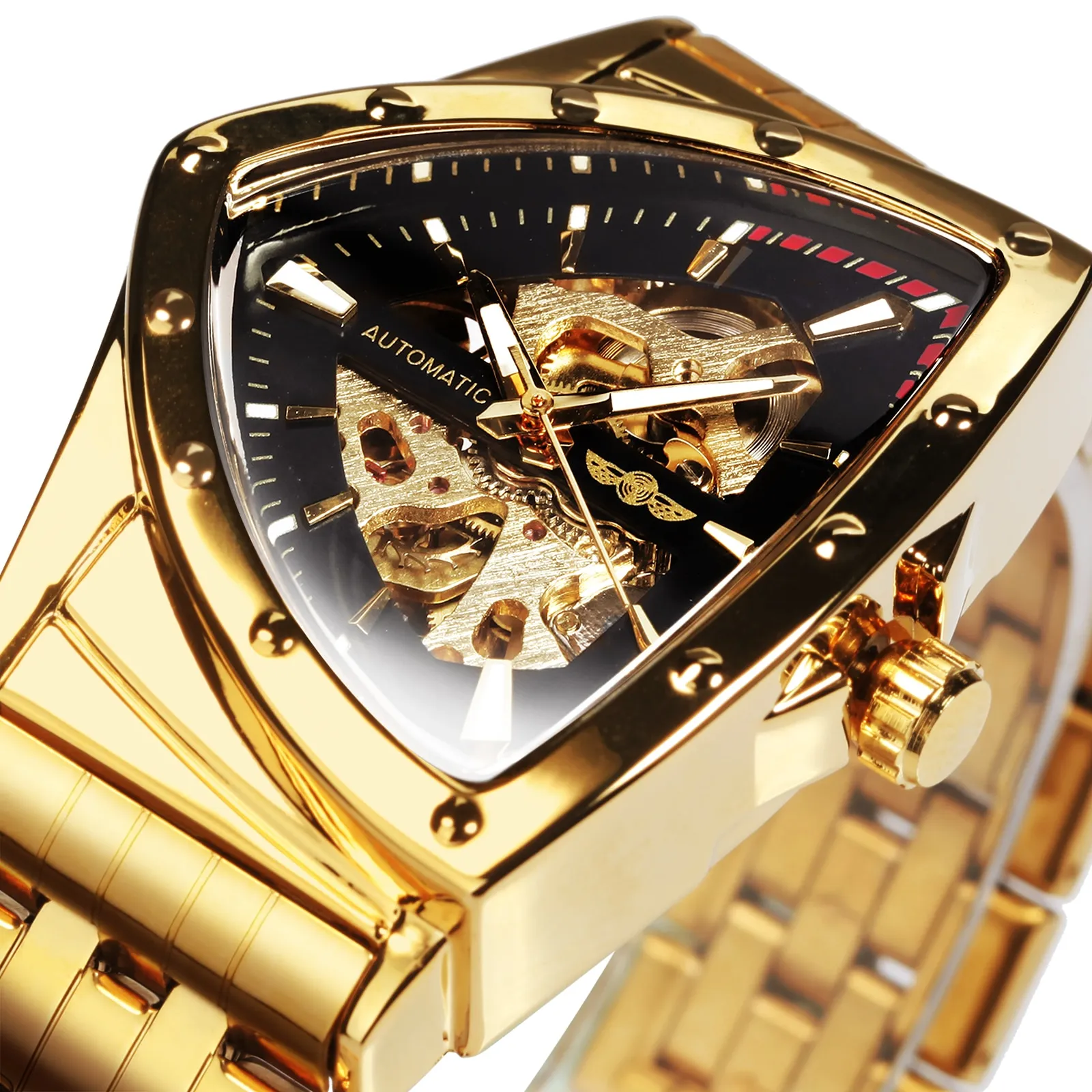 WINNER Triangle Skeleton Gold Black Watch for Men Automatic Mechanical Wristwatch Irregular Luxury S