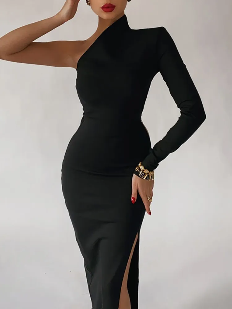 Long Elegant Dresses for Women Summer One Shoulder Maxi Dress Bodycon Sexy Black Slit Fomal Wedding 