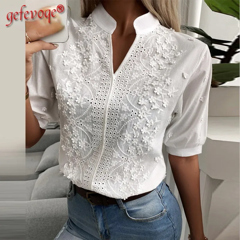 Chic Solid Hollow-out V Neck Lace Blouse Floral Patterns Embroidery Decoration Casual Women Shirt Pu