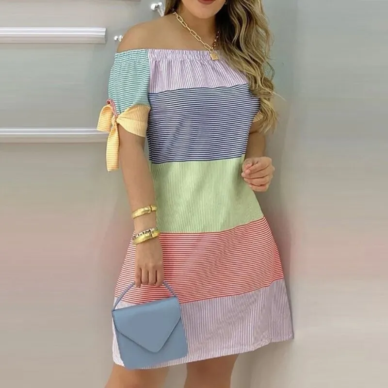 Summer Off Shoulder Dress Women Bohemia Striped Print Colorblock Lace Up Short Sleeve A Line Mini Dr