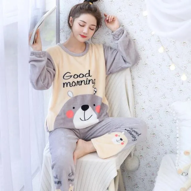 New Winter Flannel Warm Pajamas Korean Kawaii Cartoon Pajama Set