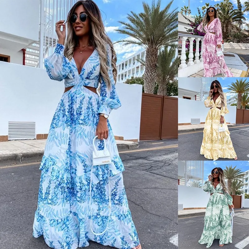 Women Tunic Beach Cover Up 2022 Summer Sexy V-Neck Backless Hollow Out Lantern Sleeve Maxi Dress Fem