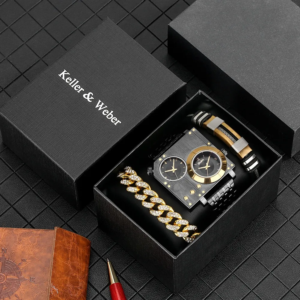 3PCS New Mens Watches Top Brand Luxury Black Quartz Watch for Men with Bracelet Set Gift for Boyfrie