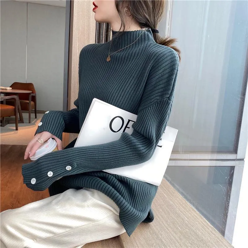 Women Half Turtleneck Slim Split Hem Knitting Sweater Warm Elegant Jumper Base Knit Pullover Autumn 