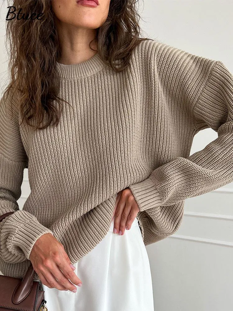 Women Solid Elegant Sweater Pullovers Chic O-neck Long Sleeve Knitted Sweaters 2022 Autumn Office Fe