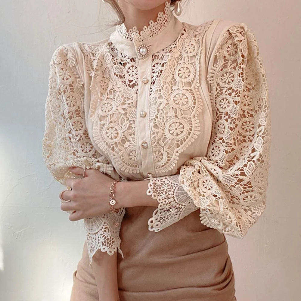 Women Stand Collar Lace Patchwork Shirts Casual Hollow Out Flower Petal Sleeve Buttonw Tops white sh