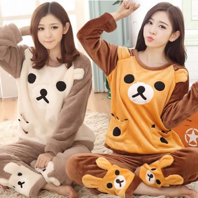 Women's Pajamas Sets Winter Thickened Warm Sleepwear Flannel Long-sleeved Cartoon 2pcs Home Clothes 