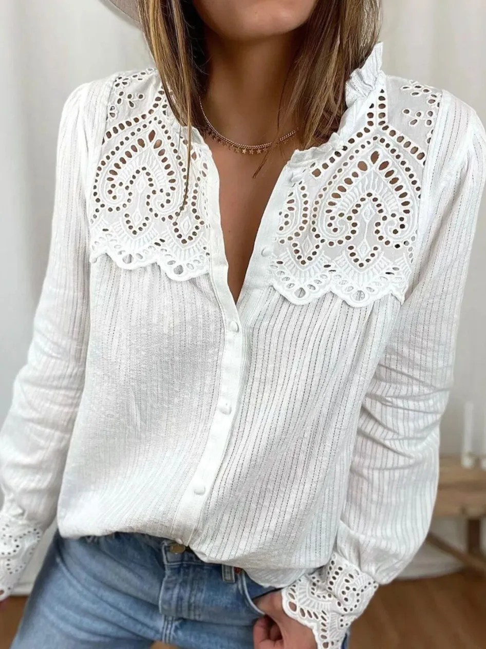 High quality loose cotton women blouses 2022 autumn new lace women shirt tops fashion casual round n