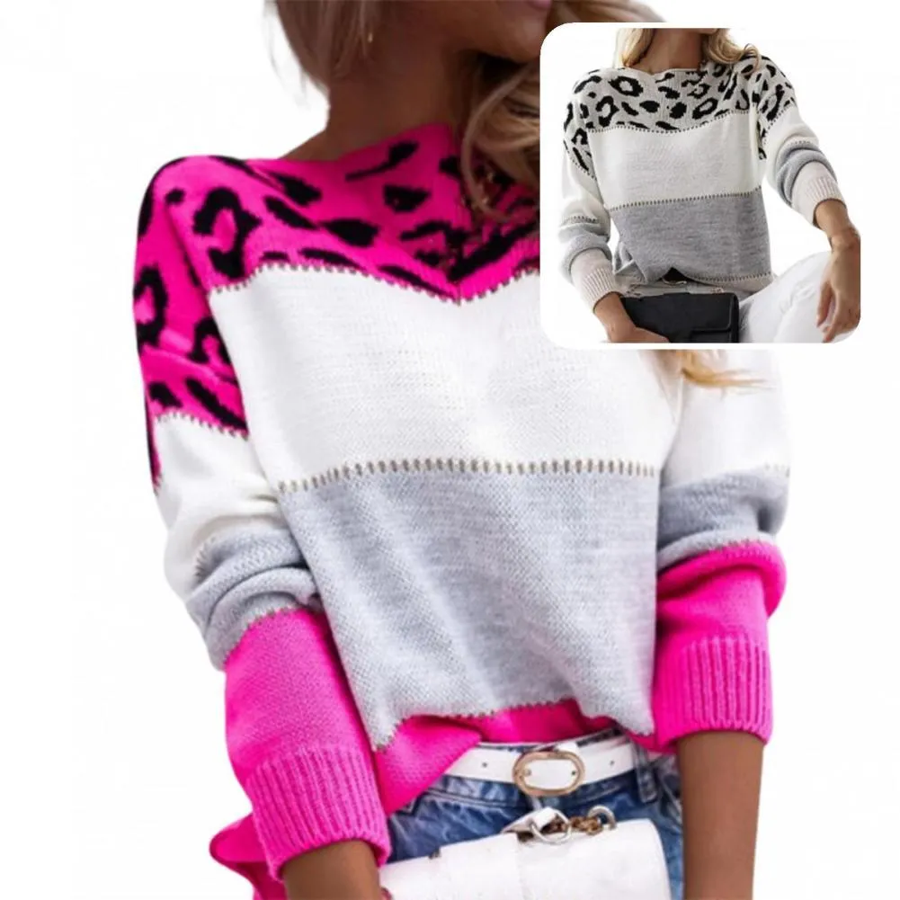 Skin-friendly  Stylish Leopard Print Patchwork Color Pullover Sweater Autumn Winter Knitted Sweater 