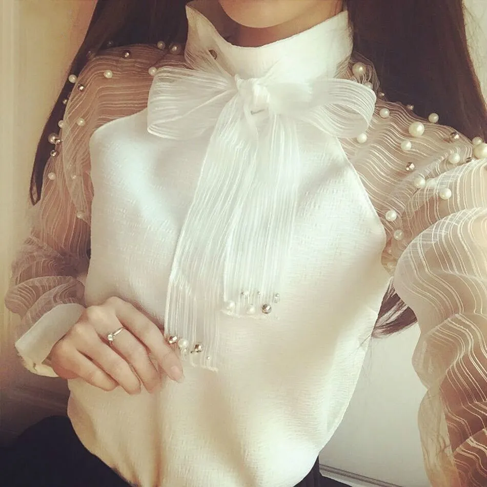 2018 New Spring Elegant Organza Bow Of Pearl White Blouse Casual Chiffon Shirt Women Blouses Tops Bl