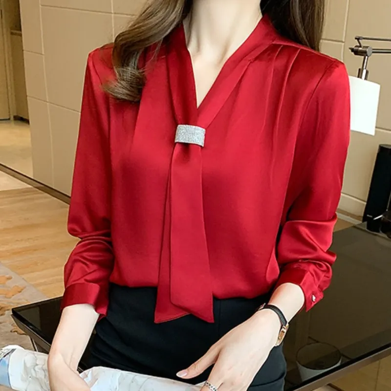 Korean Women Shirts Chiffon Blouses for Women Long Sleeve Shirts Tops Woman Ribbon Blouse Tops Fashi