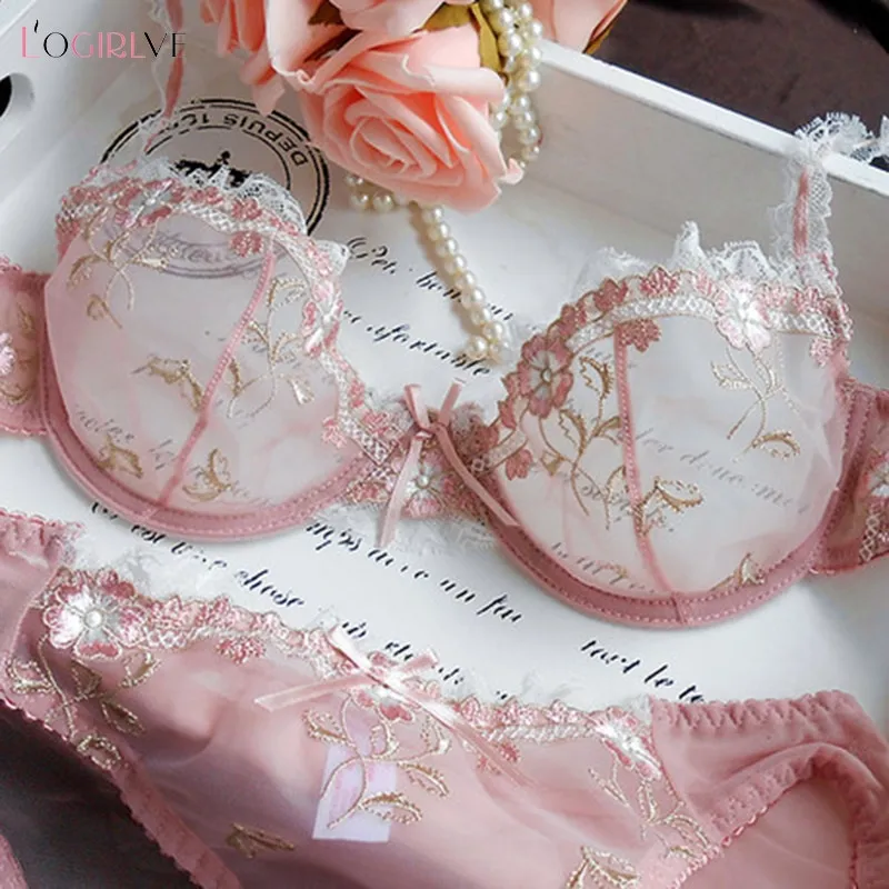 Logirlve Exquisite Embroidery Lotus Pink Ultra-thin Women's Sexy Transparent Lace Underwear Bra Set 