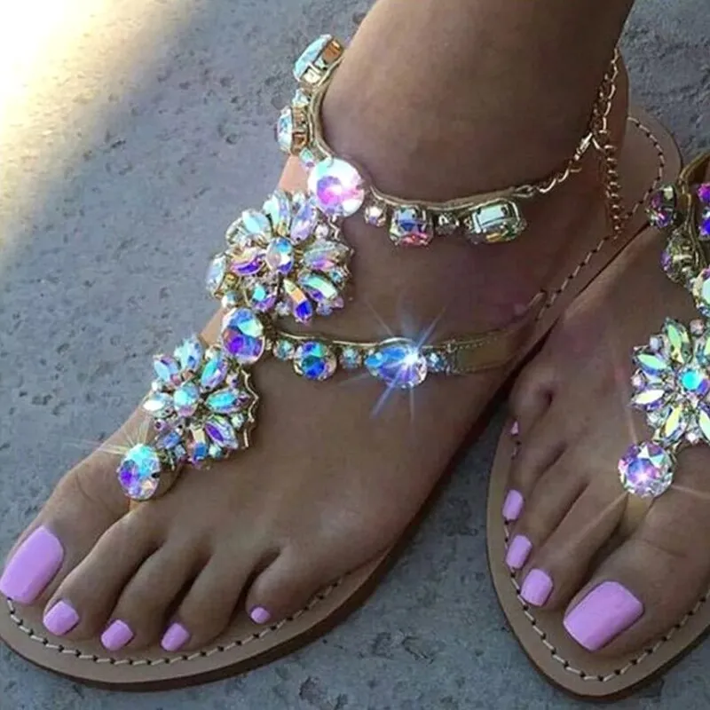 Ladies Rhinestones Sandals Summer Beach Slippers for Women Sandals Flip Flops Ladies Crystal Beach S