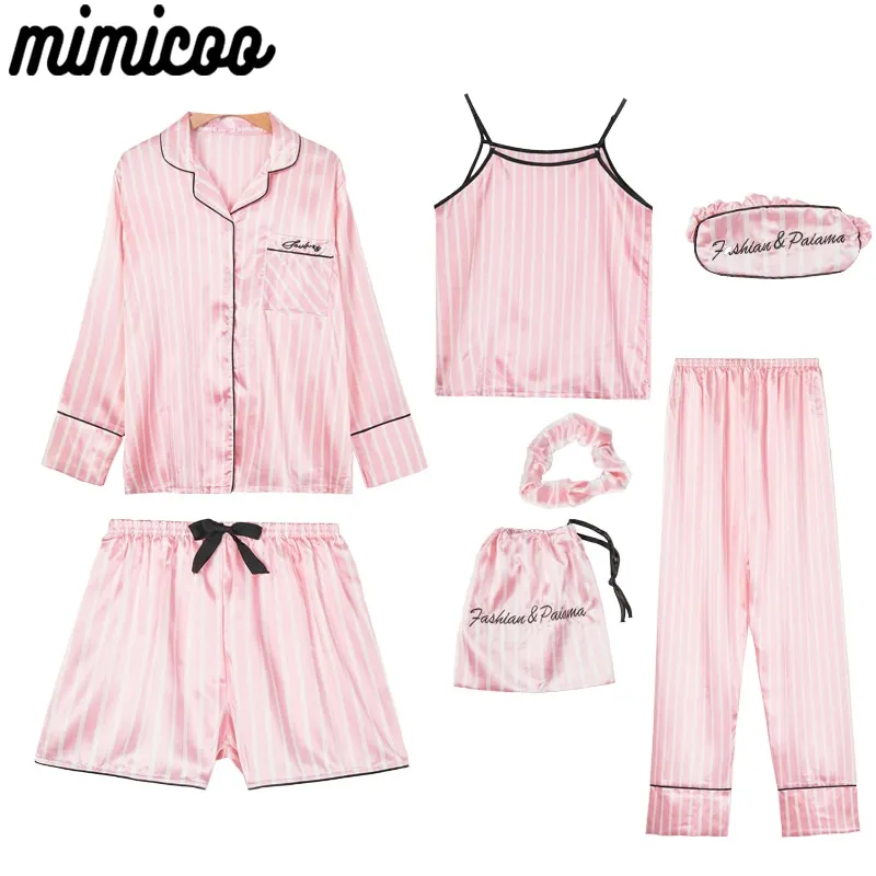 Pink Women's 7 Pieces Pajamas Sets Faux Silk Striped Pyjama Women Sleepwear Spring Summer Autumn Hom