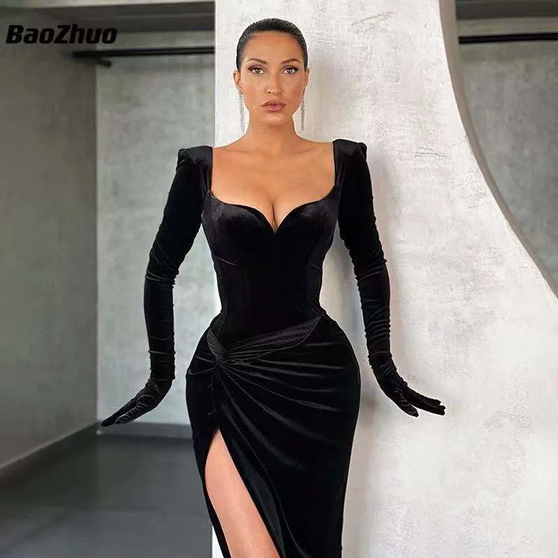 2022 Spring Sexy Elegant Velvet Gloves Long Sleeve Evening Dress Women Fashion Casual V Neck Party C