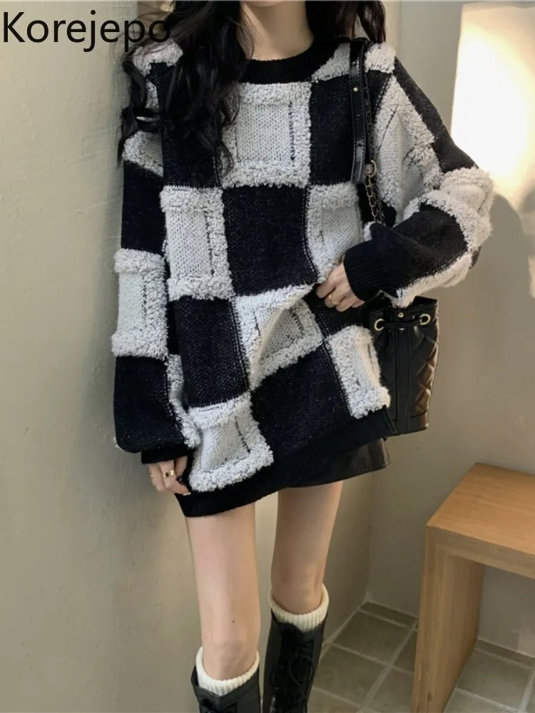 Korejepo Chessboard Plaid Knitted Sweater Women's Autumn Winter Loose Lazy Style 2022 Long Coat New 